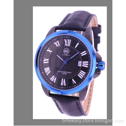 Genuine Black Leather Watch with Plaing Blue Case